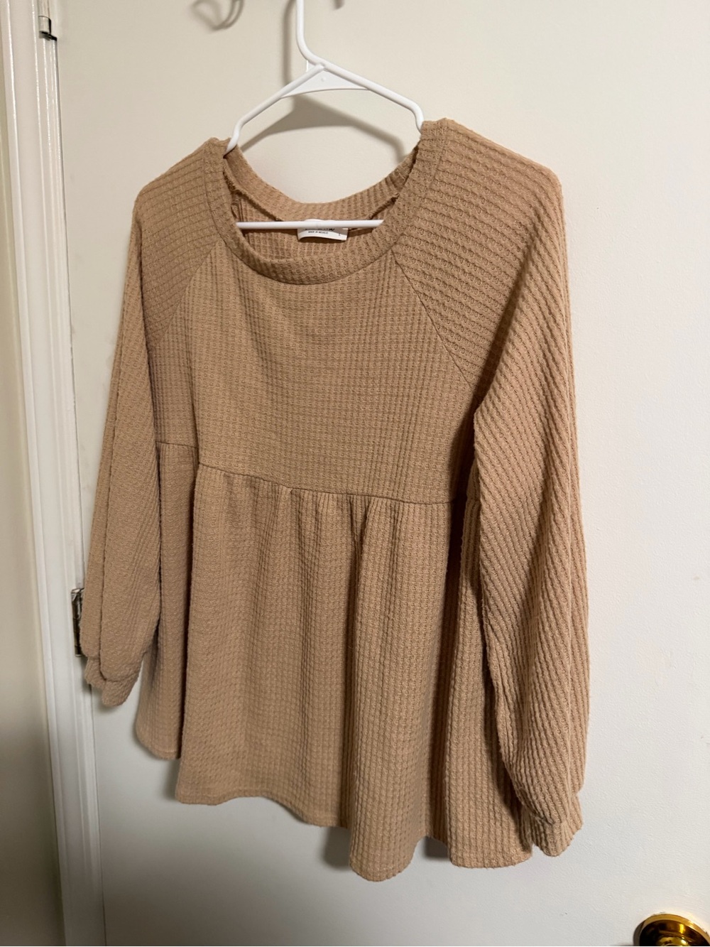 Relaxed Waffle Knit Babydoll Top in Tan